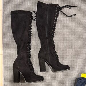 Guess Black Lace-Up Over-the-Knee Block Heel Boots
